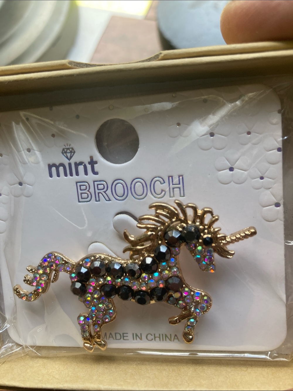 Mint Gold Unicorn Brooch with Iridescent and Black Stones
